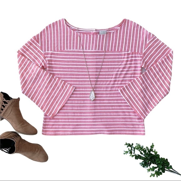 A New Day Casual Textured Stripe Pink Button Bell Sleeve Blouse Size Medium - Picture 2 of 15